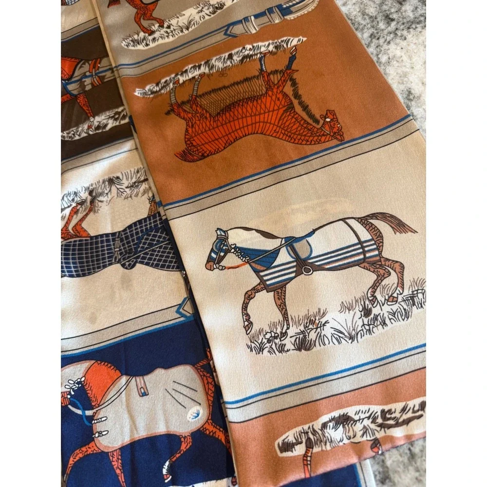 Equestrian Horse Print Silk Scarf Navy Orange Cream Derby Quiet Money Race